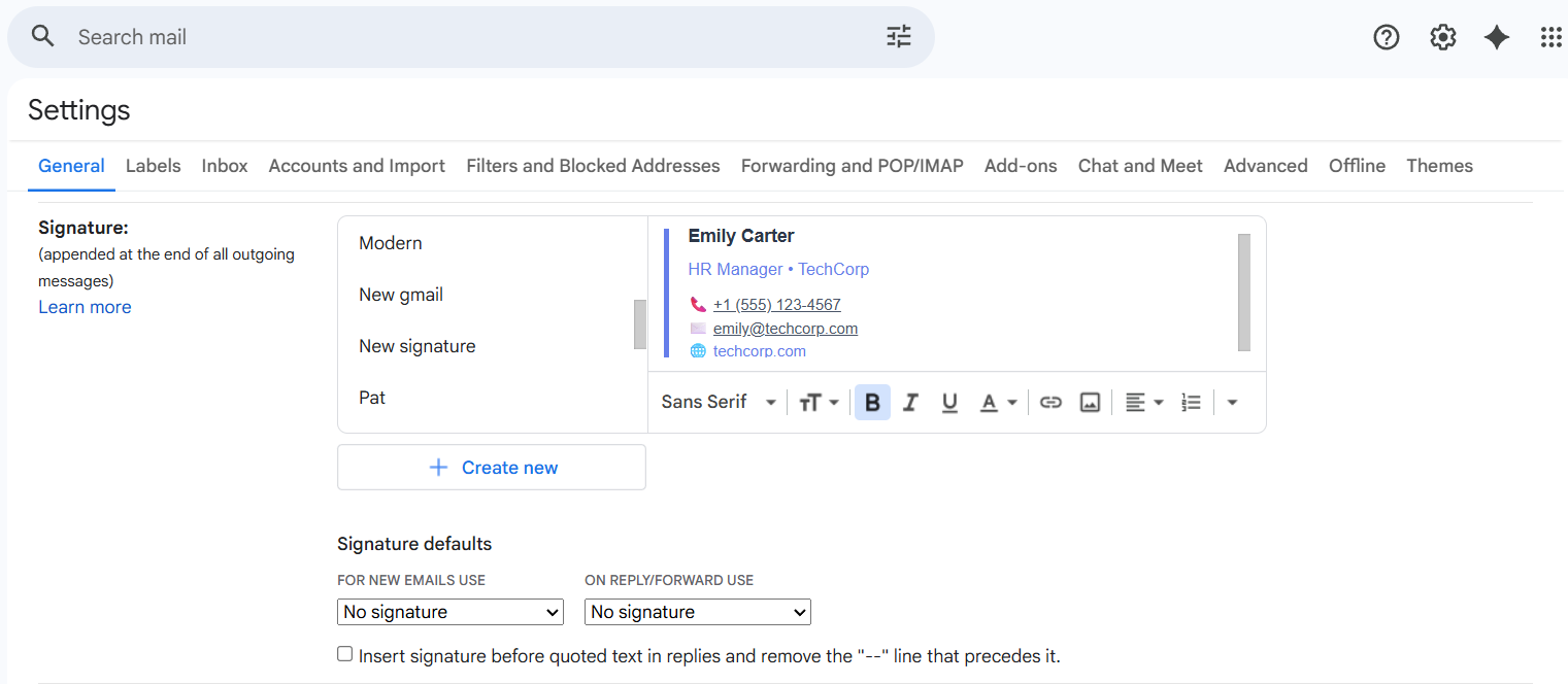 gmail signature editor with formatting toolbar