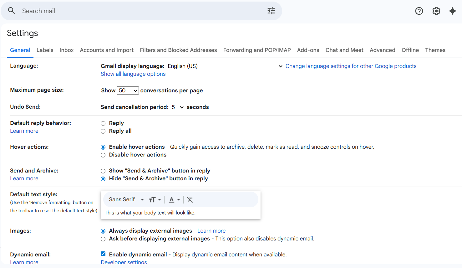 gmail signature section in general settings